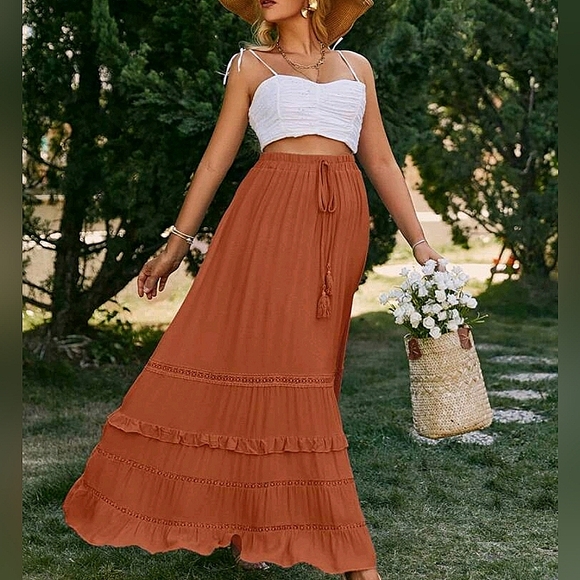 New Boho Flowy Ruffle Lace Long Skirt Red Rust Orange - Picture 4 of 7